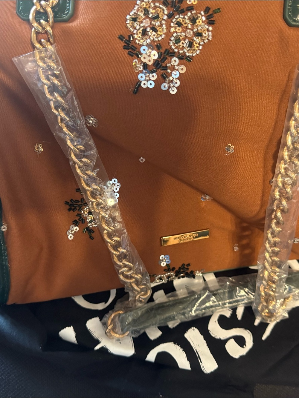 Kurt Geiger Hoxton Shopper Tote Brownwith Dark Green Trim and Gold Chain Handles - Picture 10 of 14